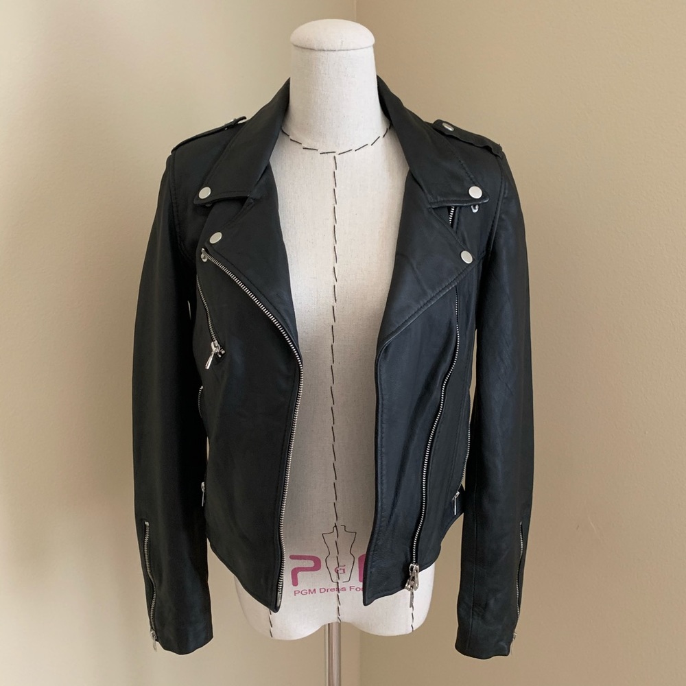 Zara Genuine Leather Biker Moto Black Jacket M